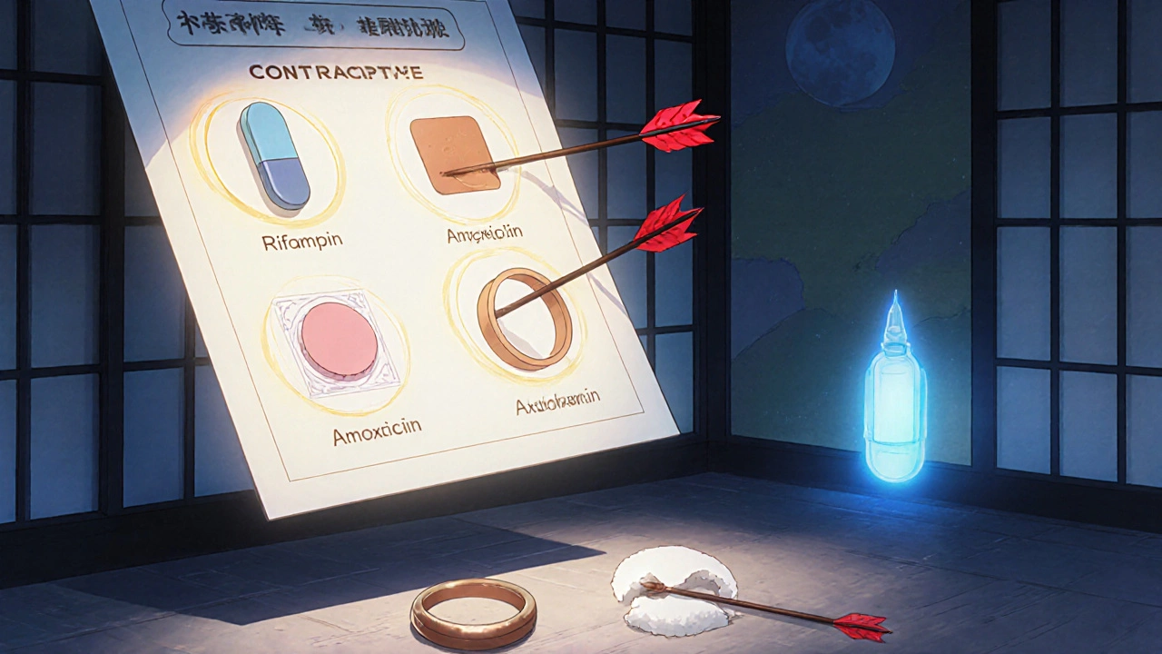 Birth control pill, patch, and ring pierced by rifampin arrow, while IUD and implant glow safely nearby.