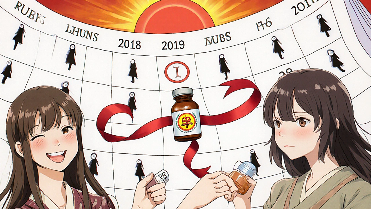 Calendar turning over 28 days with rifampin ribbon wrapping it, two women beside it holding different contraceptives.