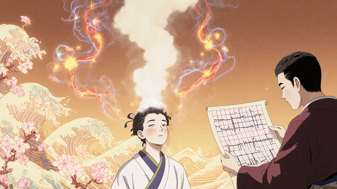 Chemical stress test with medicinal vapors forming heart and artery imagery.