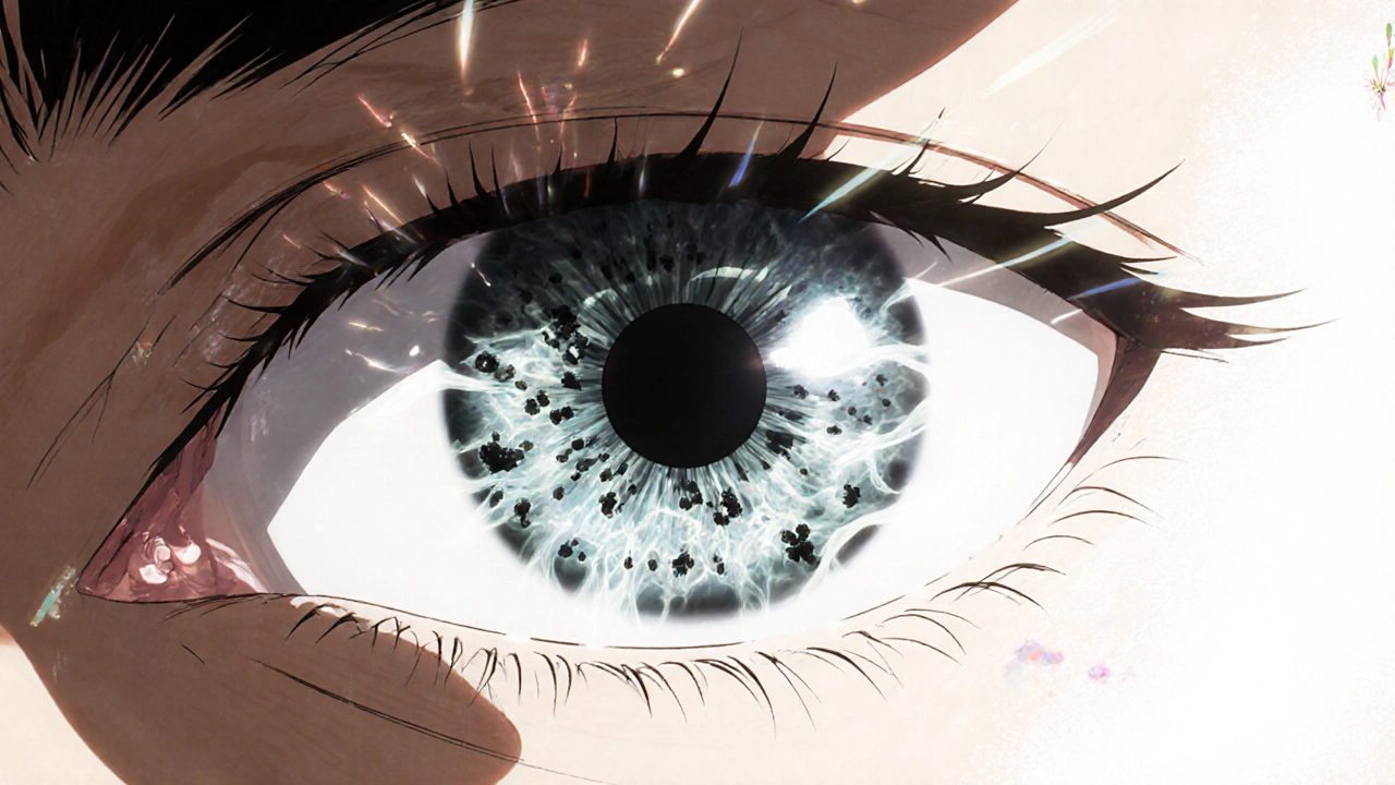 Close-up of an eye with swirling collagen fibers in vitreous gel, glowing against a bright white background.