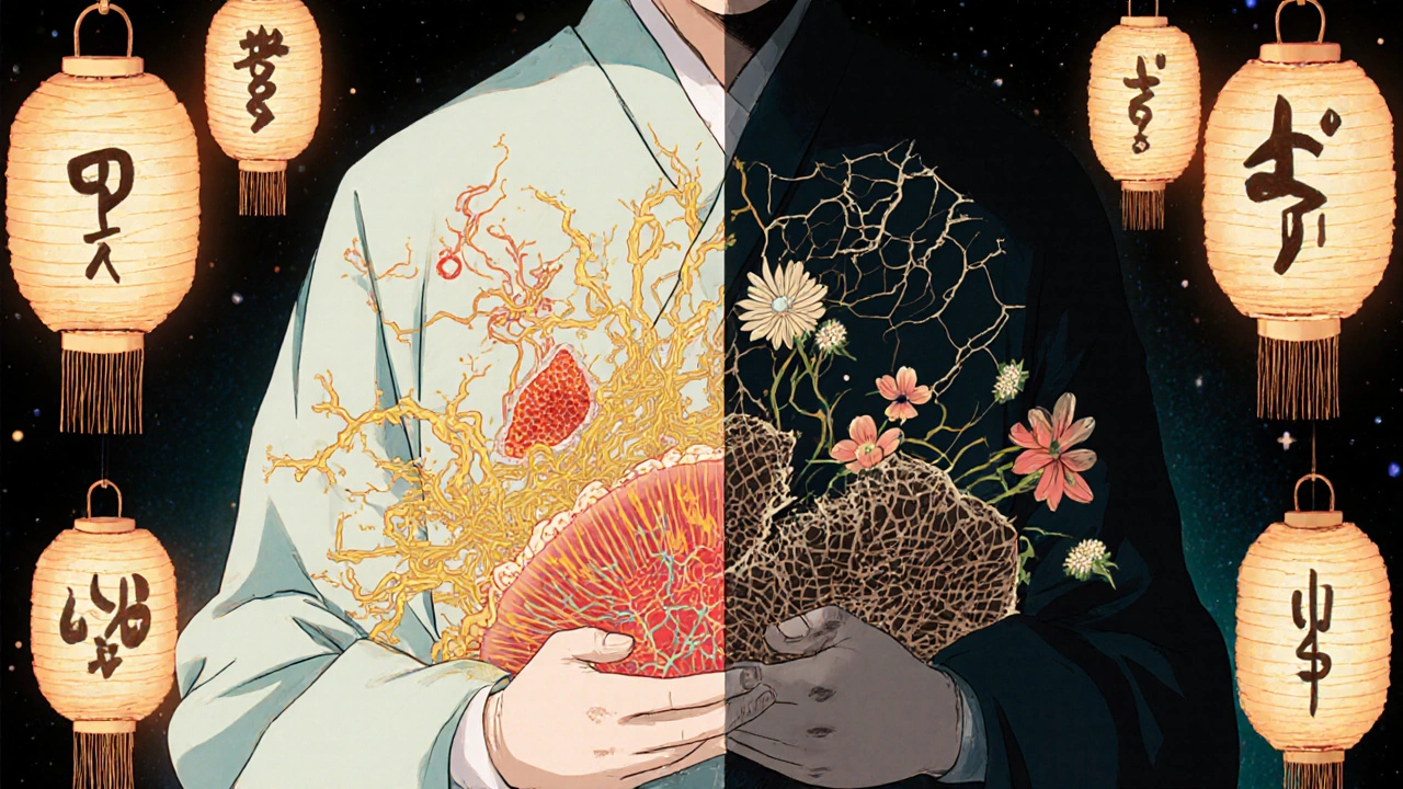 Contrasting healing and impaired wound states beside a surgeon’s hand, with golden and dark floral metaphors.