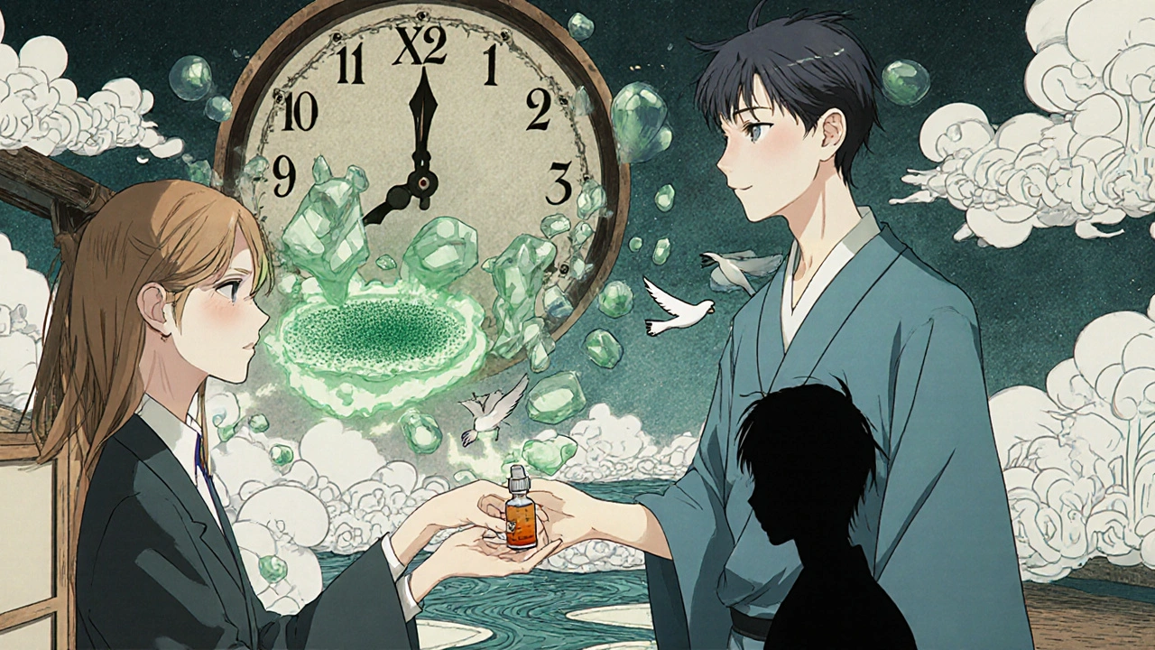 Counselor gives patient corticosteroid spray as a healed nose glows green, birds fly out, melty clock above.