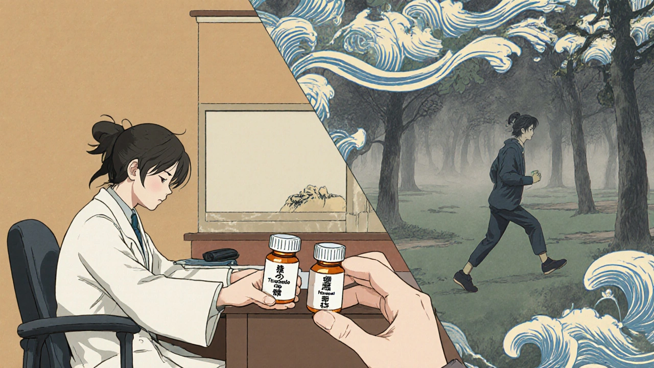 Doctor handing three muscle relaxant vials, split scene showing drowsiness vs. active recovery.