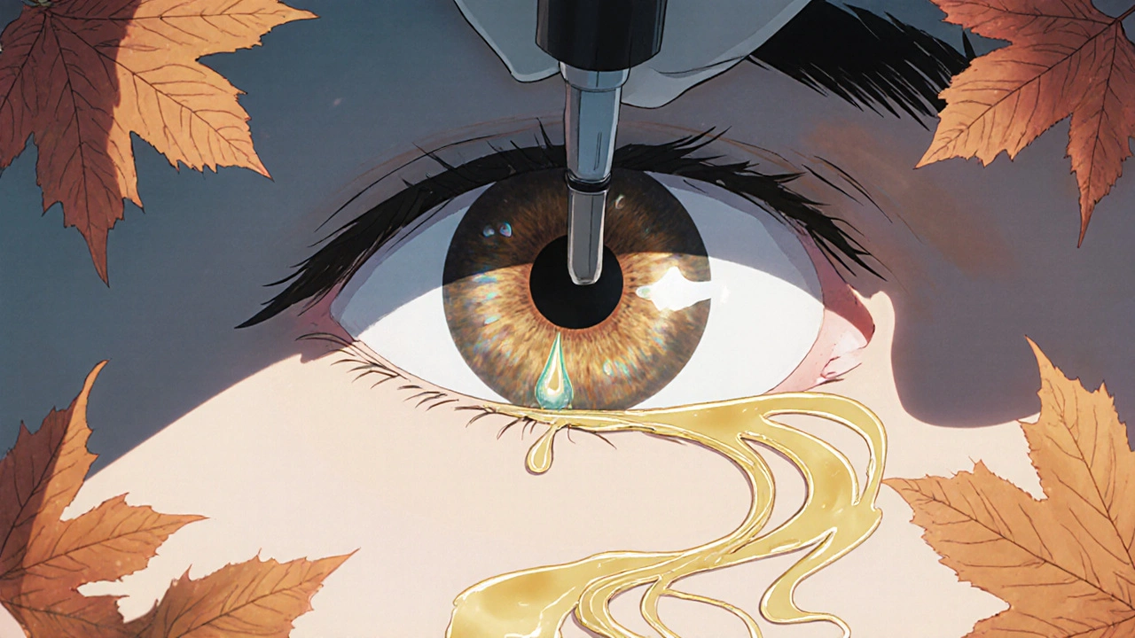 Doctor inserting punctal plug into eye, golden tears pooling as ink-brush strokes block drainage channels.