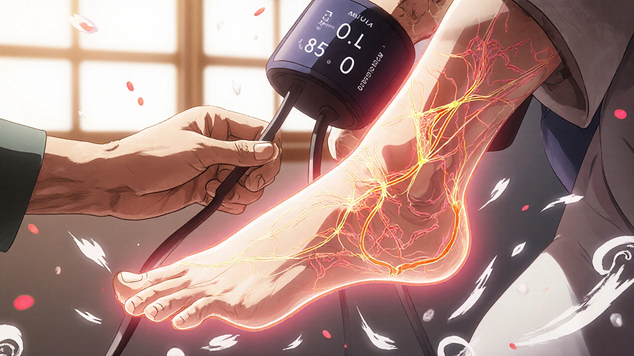 Doctor measuring ankle blood pressure while glowing arterial network reveals poor flow compared to arm.
