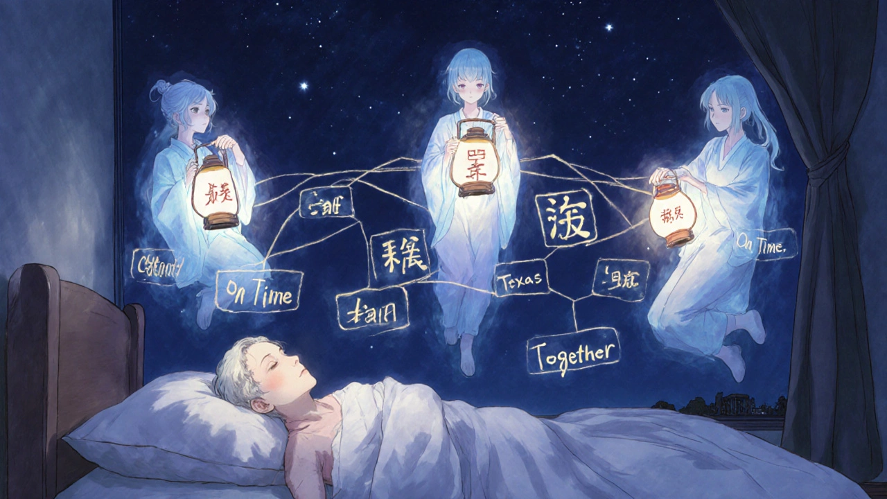 Elderly person sleeping as spirit caregivers from around the world glow above with lanterns forming a protective net.