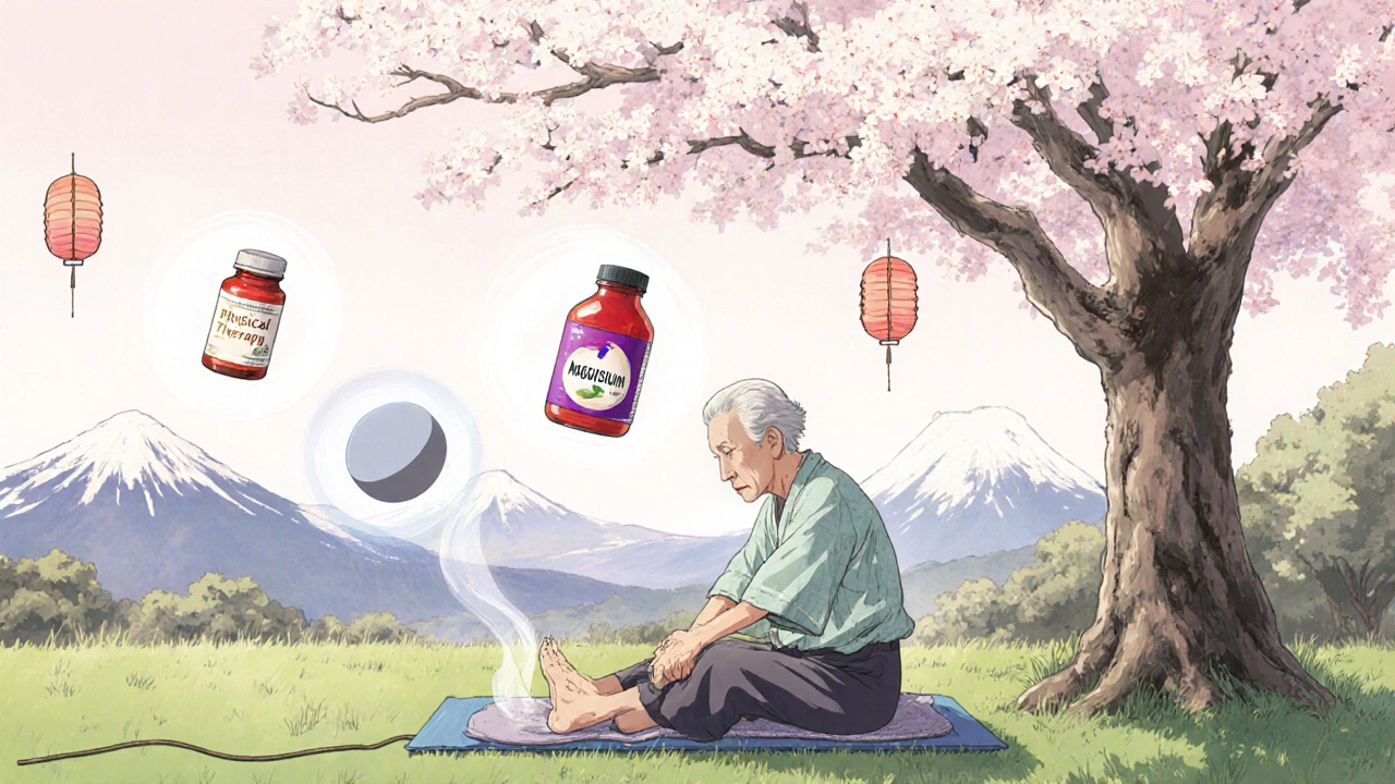 Elderly person stretching under cherry tree with healing icons like lanterns, no pills visible.
