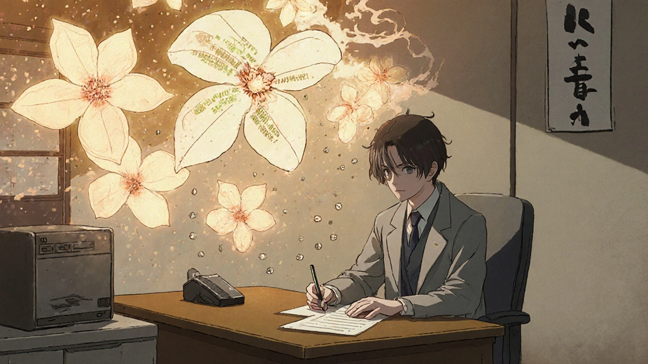 Financial rebates flow like cherry blossoms from drug companies into state coffers, doctor writing prescription with glowing formulary.