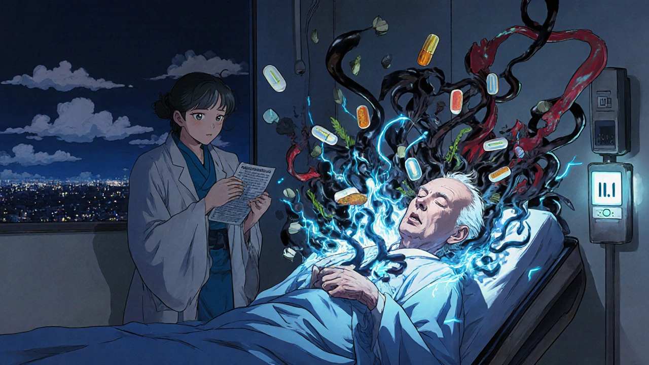 Frail man in ER with dark energy erupting from his chest, pills dissolving into ash, INR meter reading 1.1.