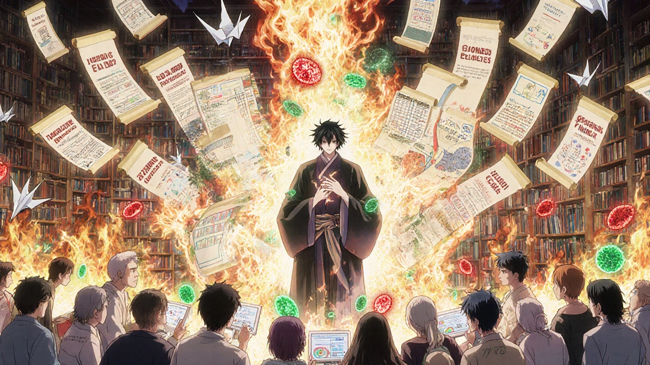 Library of burning myths and glowing guidelines as statin pills transform patient health.