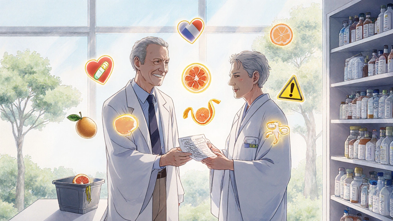 Man giving medication list to pharmacist, safe heart drugs glowing gold, grapefruit discarded, sunlight streaming in.