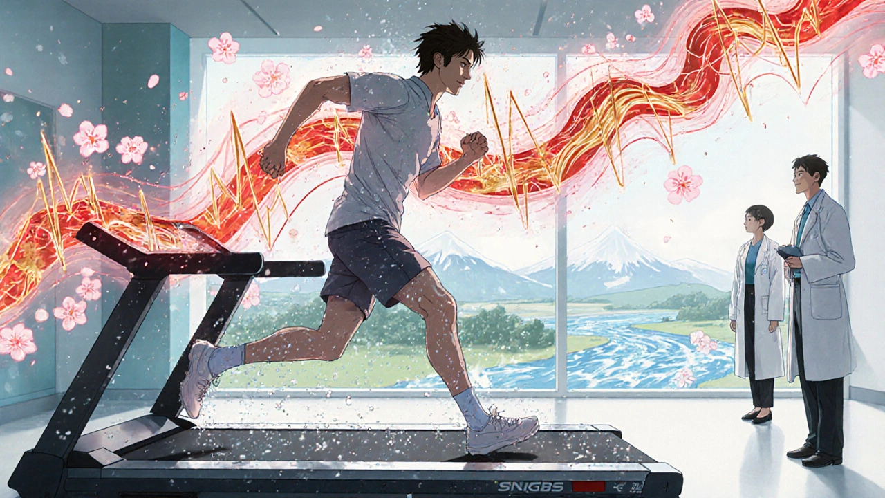 Person exercising on treadmill with ECG graph as a flowing river of light.