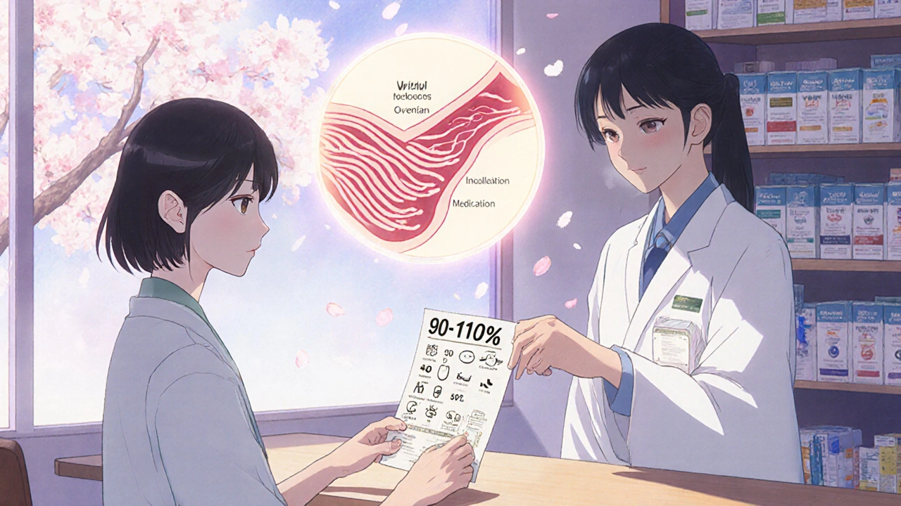 Pharmacist hands generic NTI medication to patient with glowing blood concentration diagram and warning icon handout.