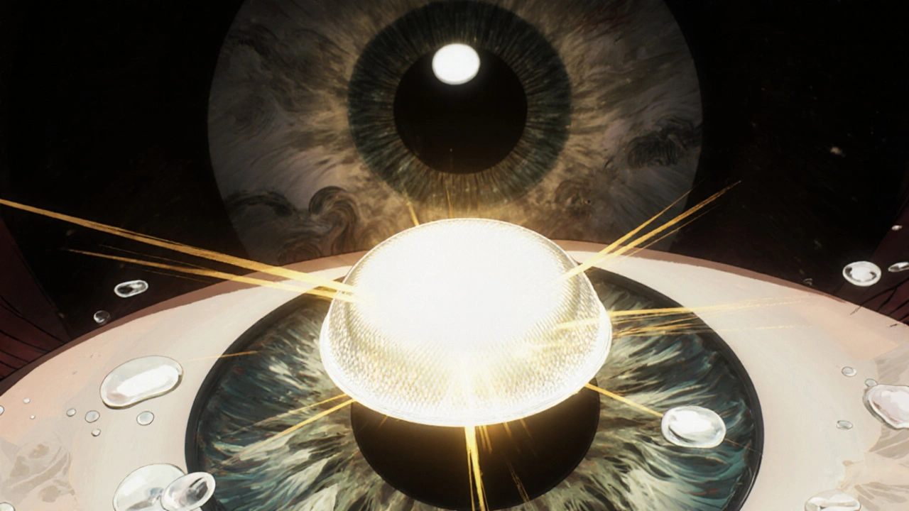 Rigid contact lens floating above a conical cornea, golden light refracting clearly through tear film onto the retina.