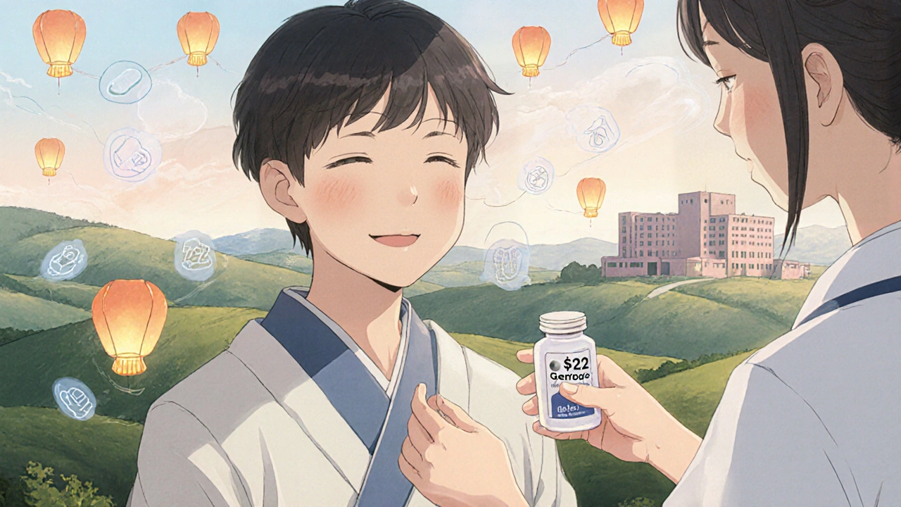 Rural patient receives  generic pill bottle at clinic, drug icons float like lanterns across hills in soft dawn light.
