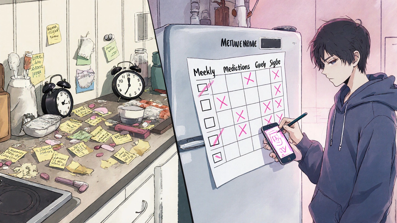 Split scene: chaotic kitchen with sticky notes vs. organized kitchen with printed medication chart on fridge.