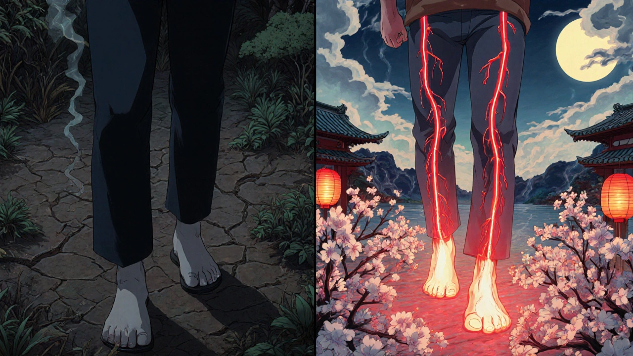 Split scene: left shows leg decay from smoking, right shows restored blood flow and healthy walking with blooming vessels.