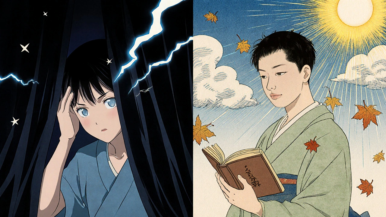 Split scene: one side shows a dark vision shadow with flashes, the other shows peaceful reading with faint floaters.