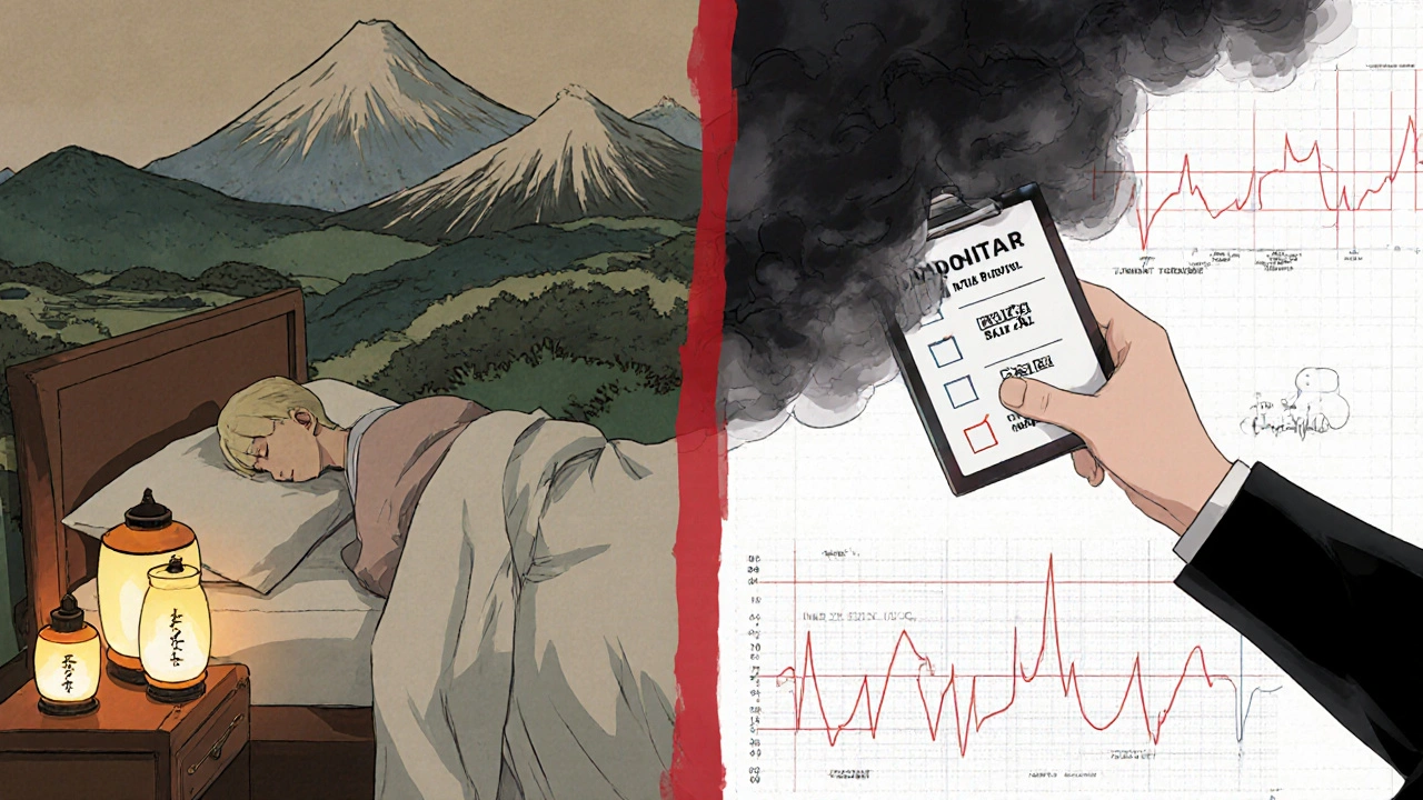 Split scene: peaceful patient with stable levels vs. anxious patient with storm clouds, physician’s hand bridging both with monitoring checklist.
