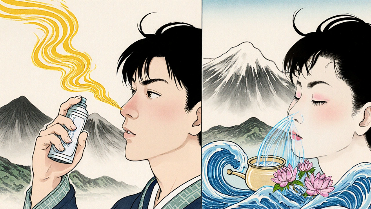 Split scene: person using nasal spray on left, using neti pot with healing flowers inside nose on right.