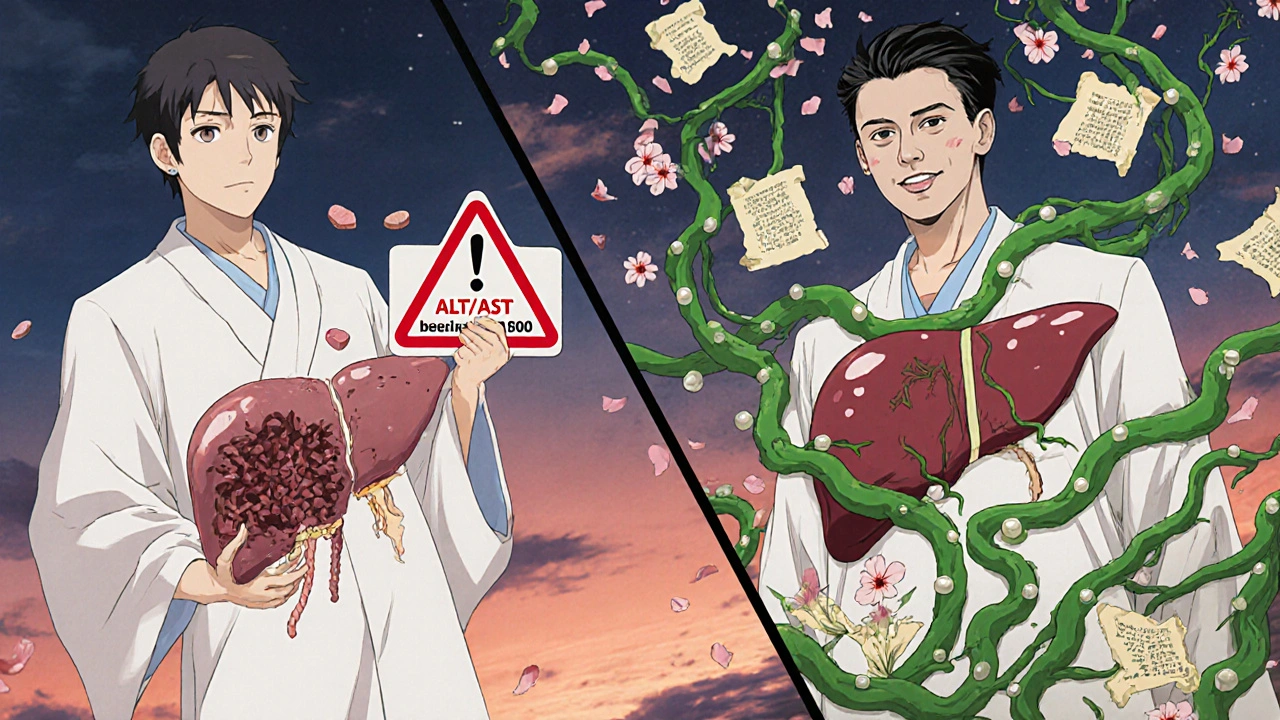 Split-screen medical scene: damaged liver vs. healing liver with statin vines and guiding scrolls.