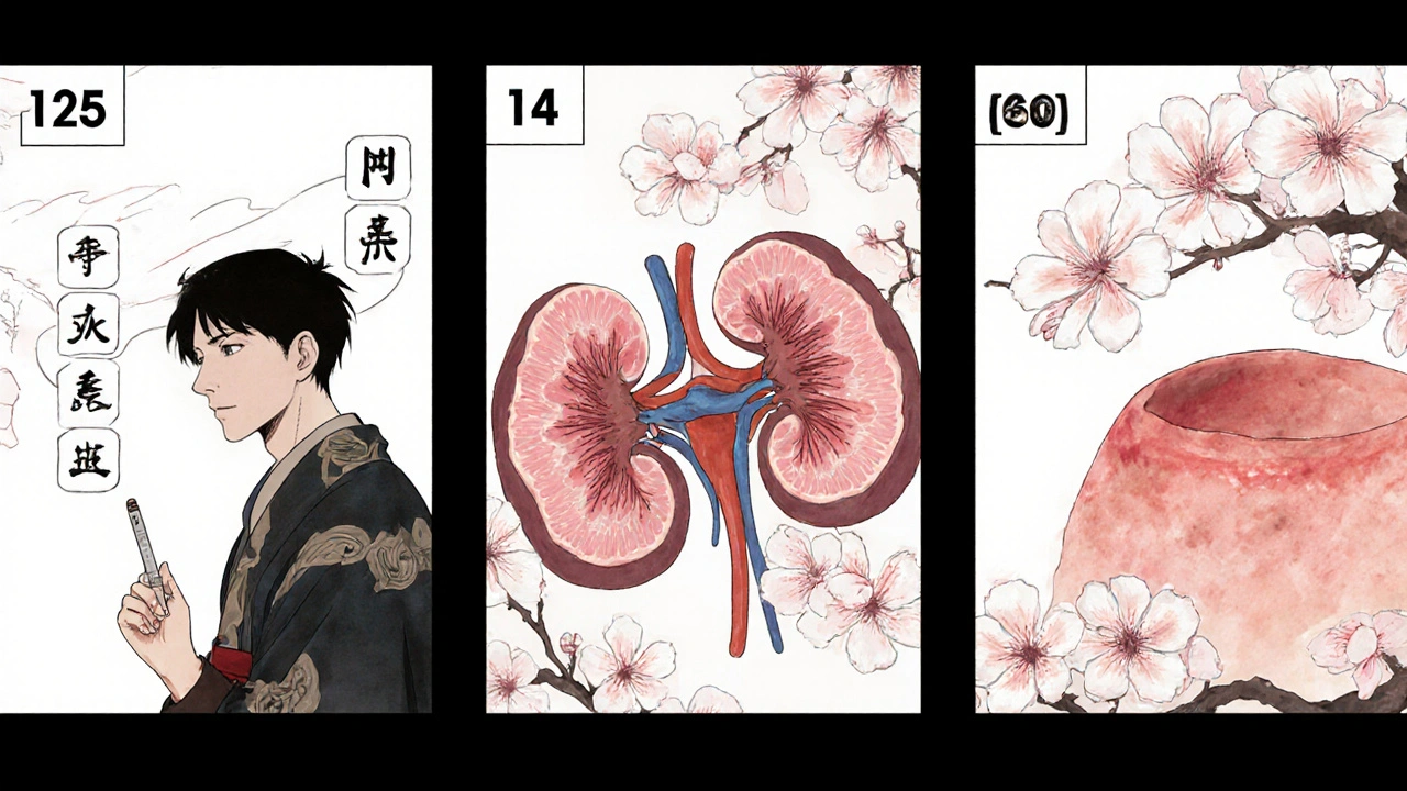 Three-panel timeline of post-surgery recovery with blooming cherry blossoms symbolizing balanced sirolimus use.