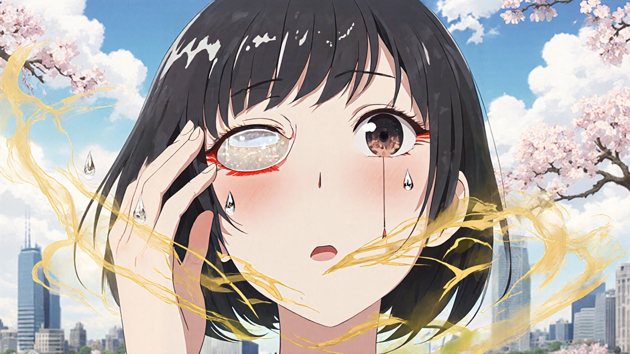 Woman experiencing metallic taste from lifitegrast, golden mist swirling around her eyes with cherry blossom drops.