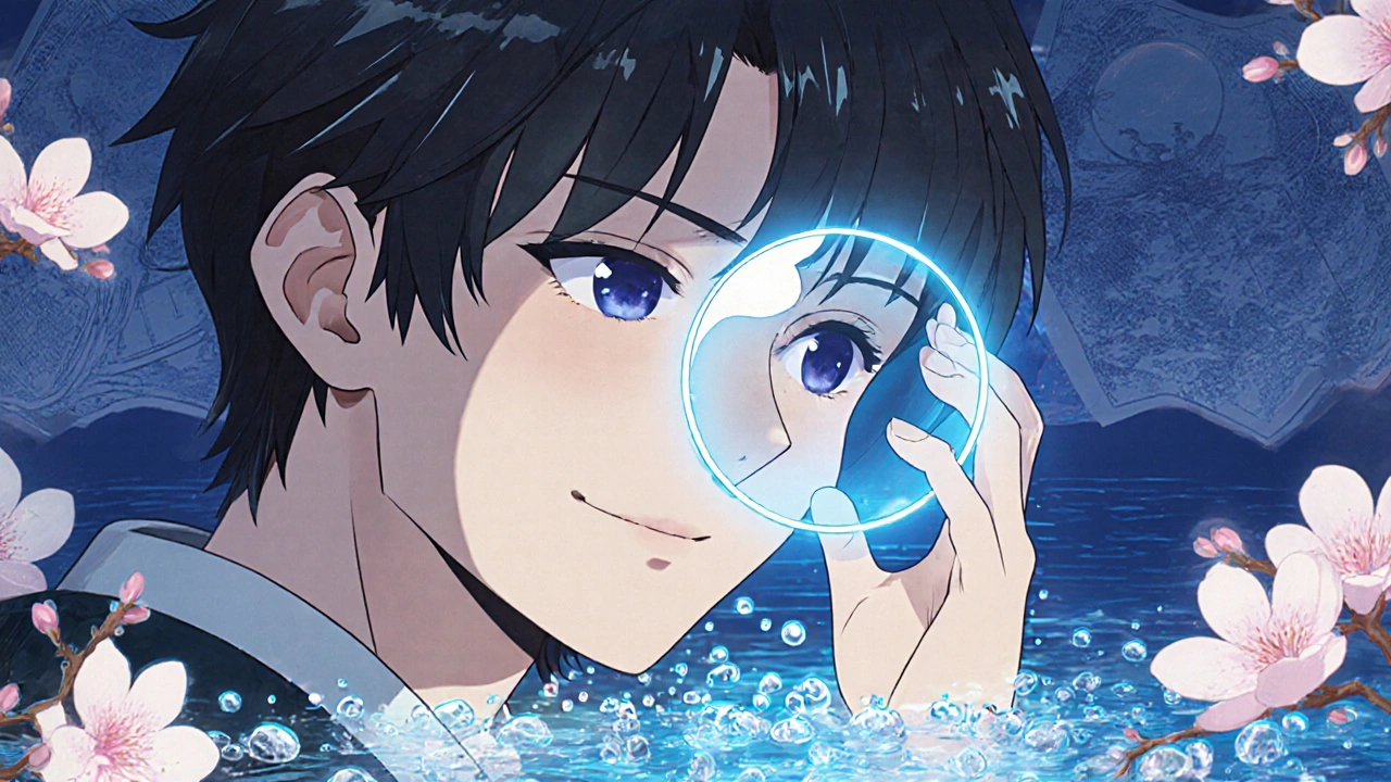 Young adult inserting a scleral lens with glowing fluid reservoir, cherry blossoms and corneal topography in background.