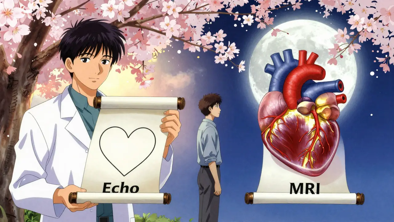 A cardiologist holding two scrolls comparing echo and MRI heart imaging in ukiyo-e anime style.