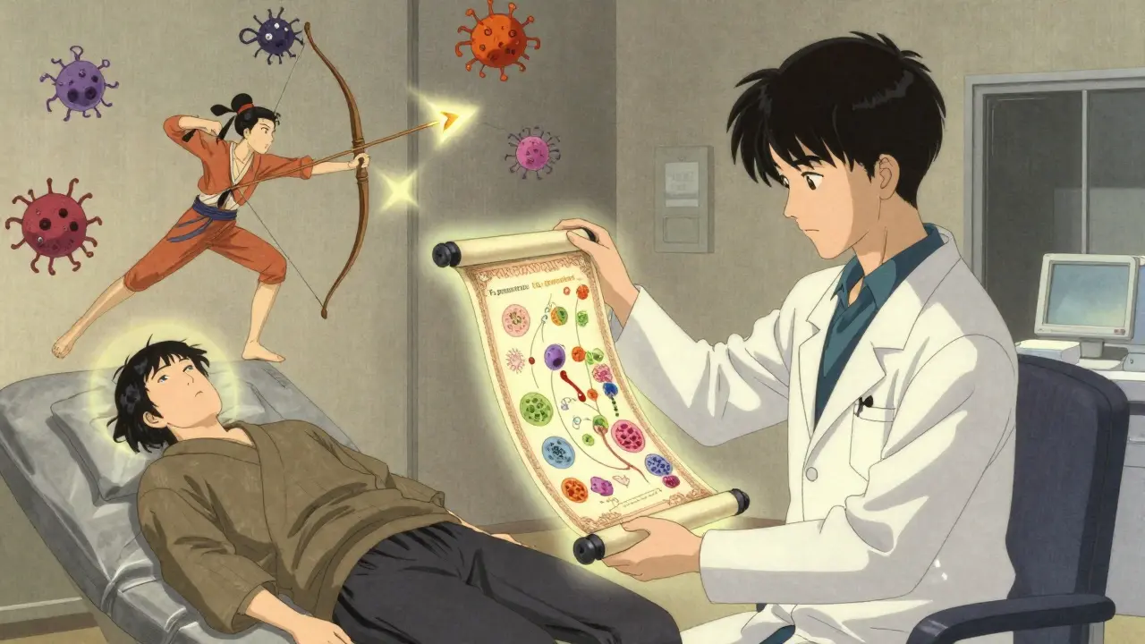 A doctor holding a microbiome scroll as a bacteriophage arrow strikes microbial foes in a futuristic clinic.