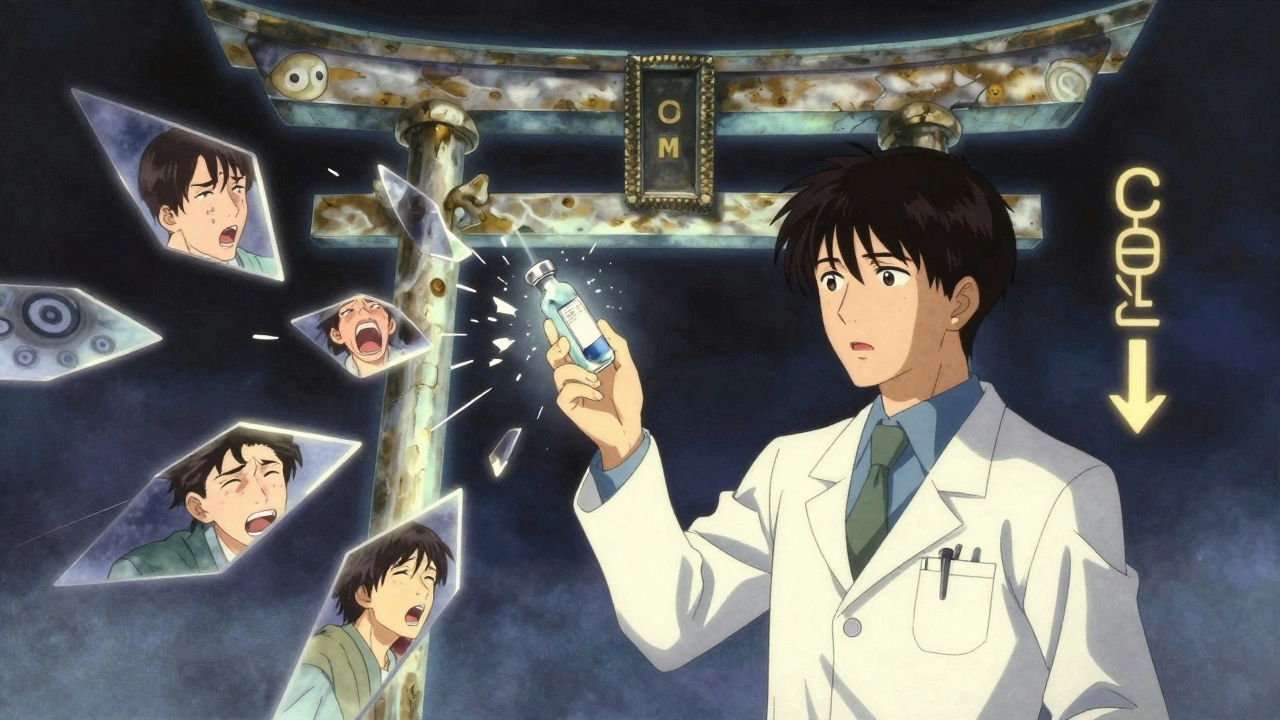 A doctor holds a fracturing morphine vial as a giant NMDA receptor looms behind, surrounded by floating biological symbols.