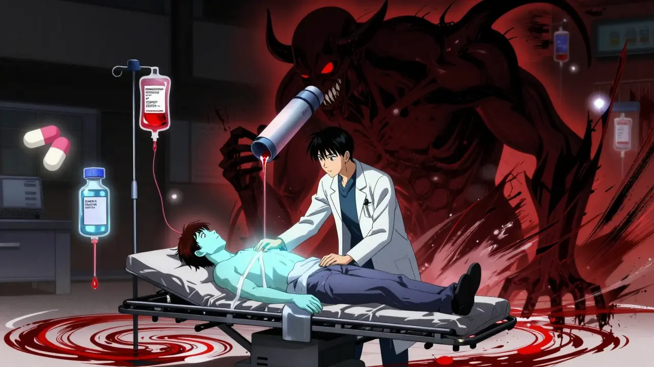 A doctor in an ER confronting a patient surrounded by spectral albuterol inhaler shadows, with crimson IV fluid and glowing lactate waves.