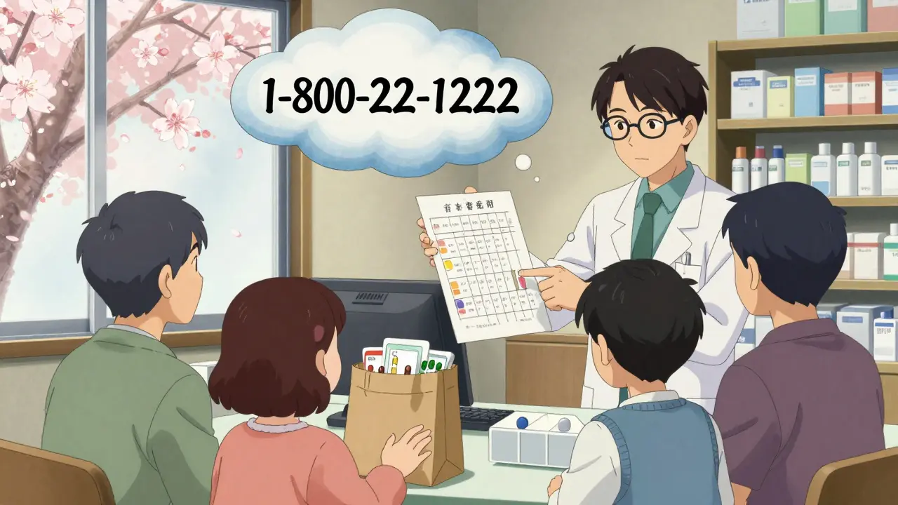 A family meets with a pharmacist holding a bag of meds, with the Poison Control number floating like a ukiyo-e cloud.
