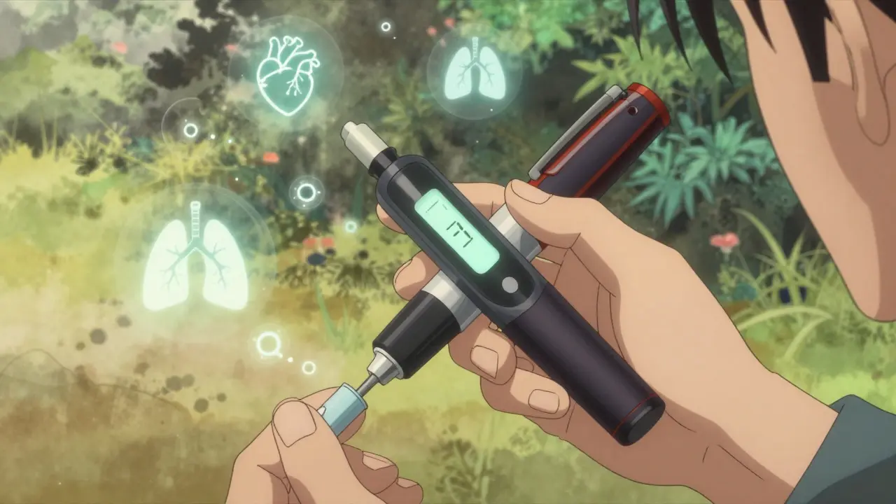 A generic insulin pen glows softly as heart, lung, and glucose icons dissolve around it in a tranquil anime setting.