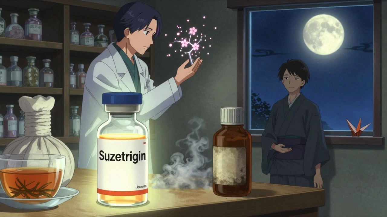 A glowing non-opioid painkiller rests beside natural remedies, as a scientist studies neural pathways shaped like cherry blossoms.