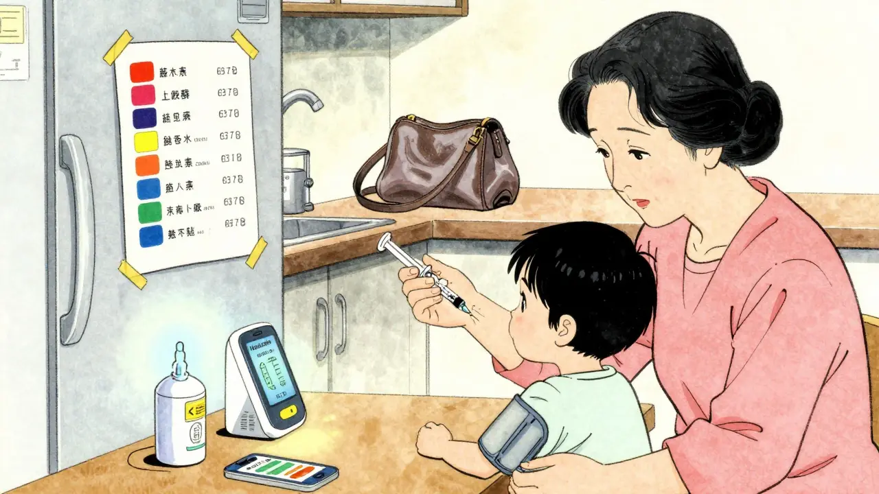 A grandmother gives medicine to a child with a syringe while a color-coded medication list is on the fridge.