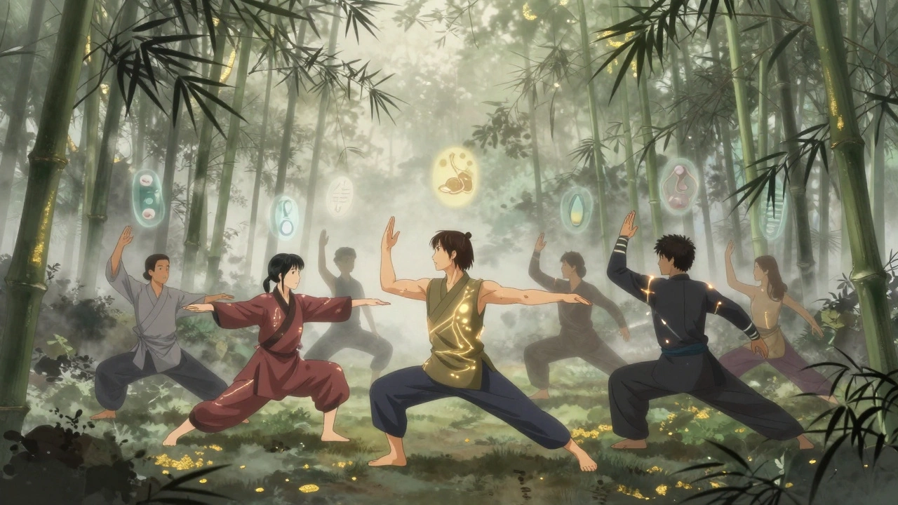 A group practices yoga and tai chi in a bamboo grove, with glowing energy lines and healing symbols floating around them.