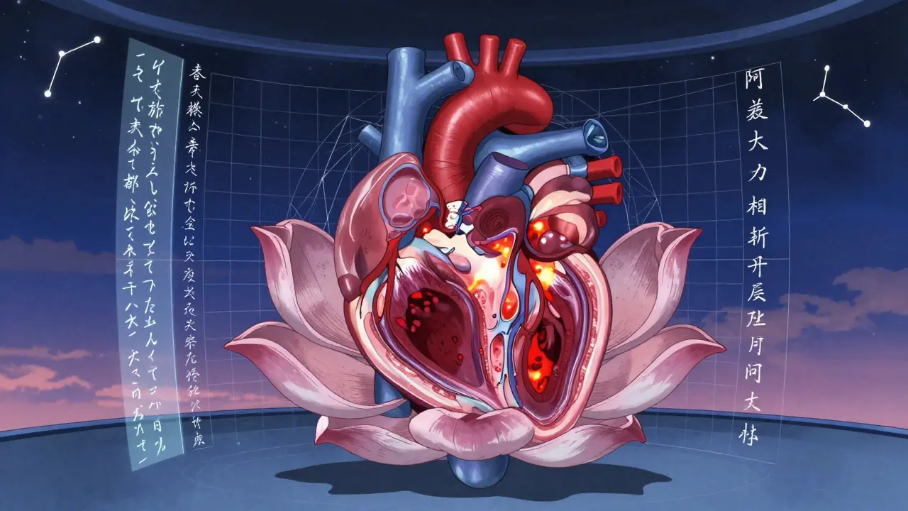 A lotus-shaped MRI machine revealing a heart with glowing scar tissue in intricate anime style.