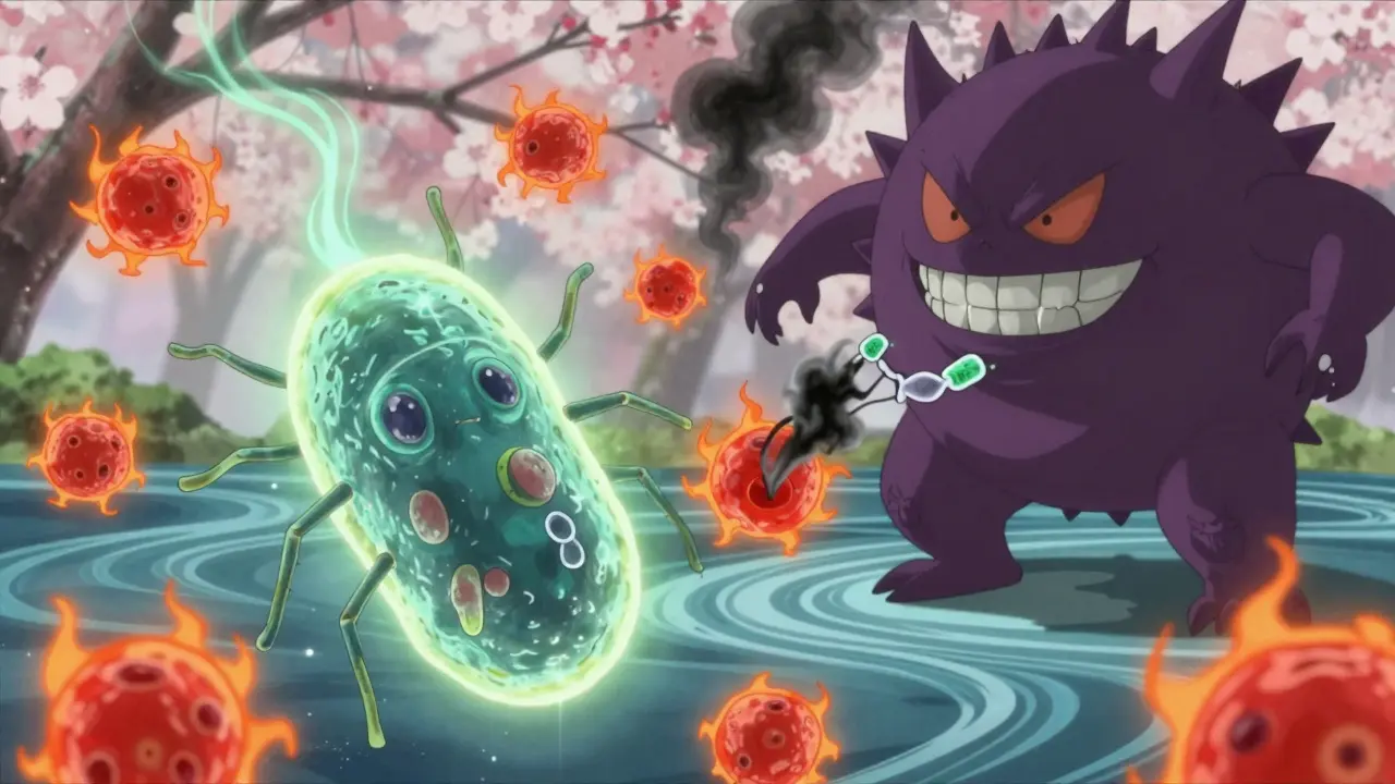 A luminous bacterial monk calming immune cells while a dark pathogen triggers inflammation in a cherry blossom setting.