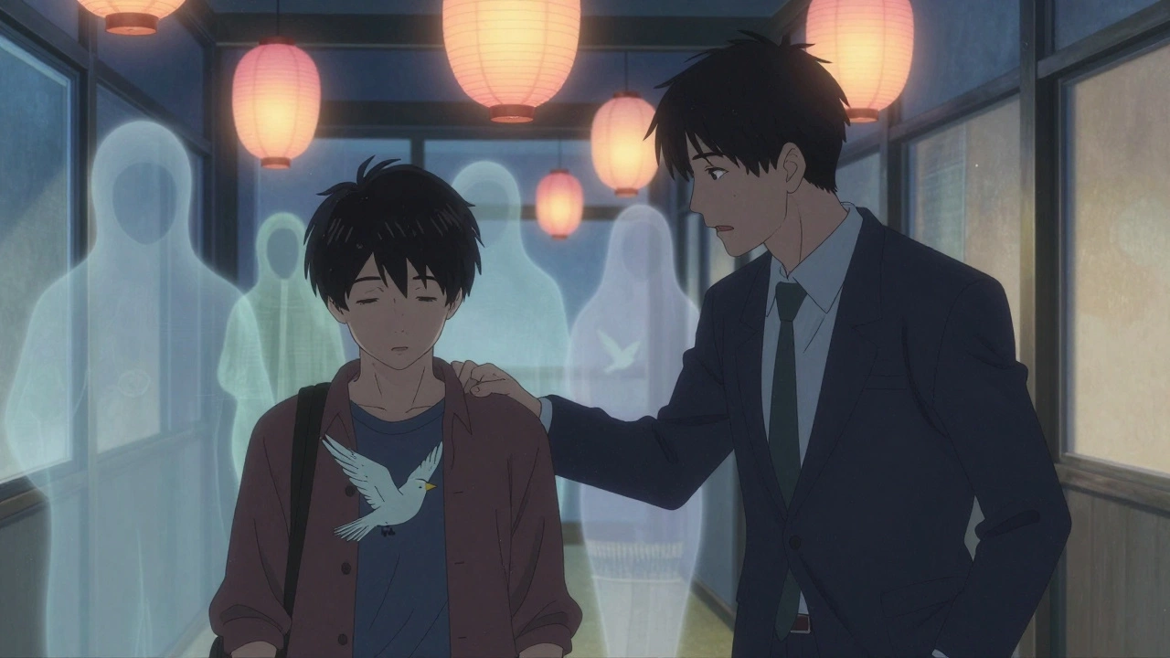 A manager comforts an employee as ethereal wellness dimensions rise like lanterns behind them in a quiet hallway.