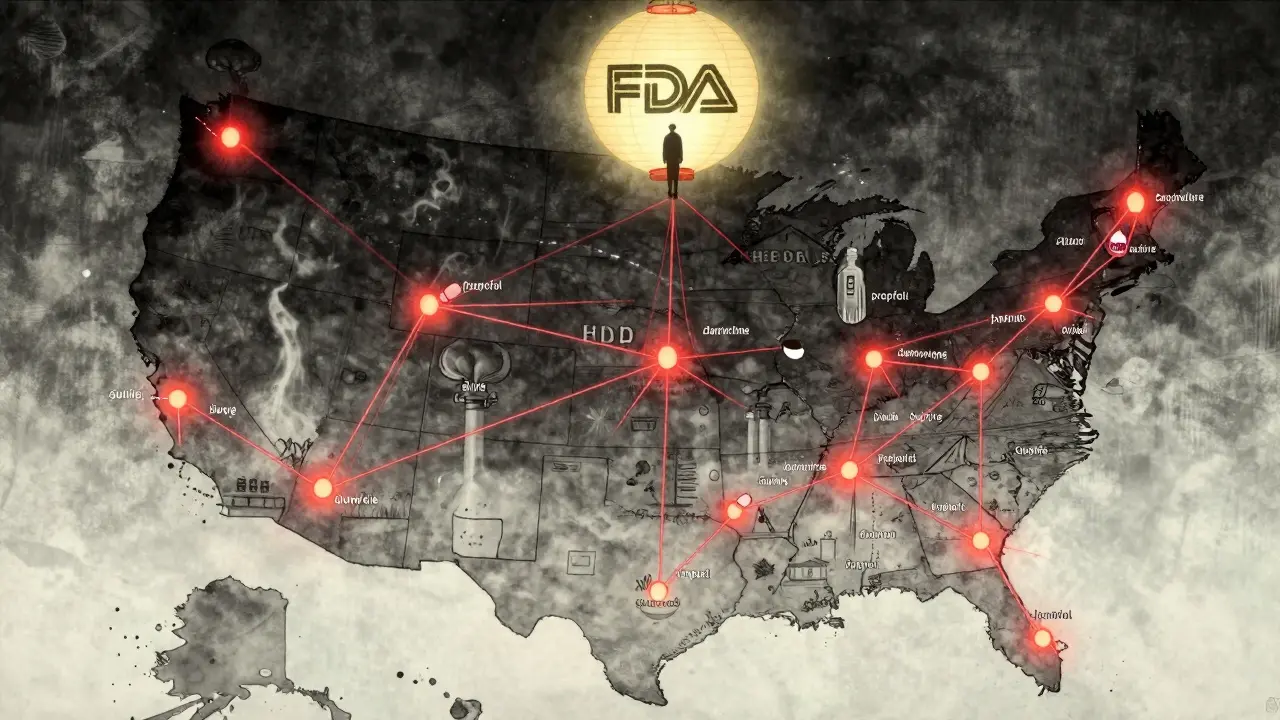 A map of the U.S. with glowing drug supply threads connecting factories to hospitals, under the FDA's celestial seal.