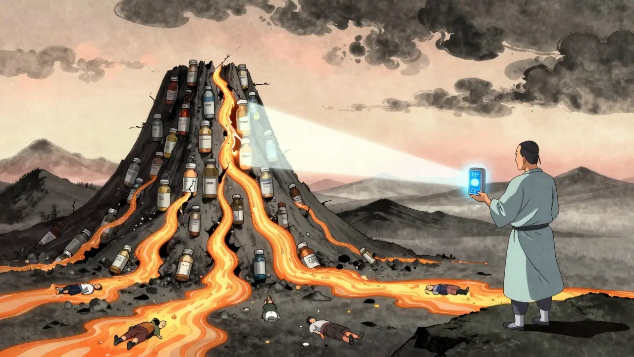 A mountain of medication bottles collapsing into acid rivers, while a figure with a monitoring device emits a saving beam of light.