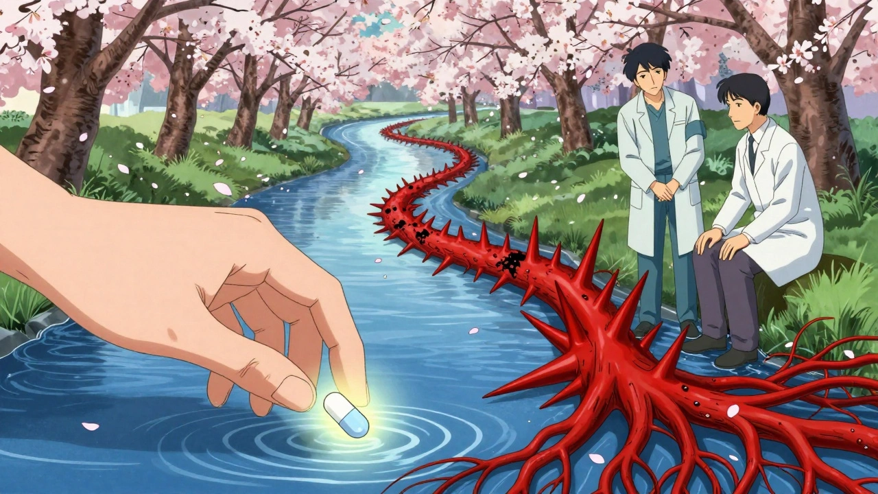 A nervous system river choked with red spikes, calmed by a methadone pill, with therapists nearby and cherry petals falling.