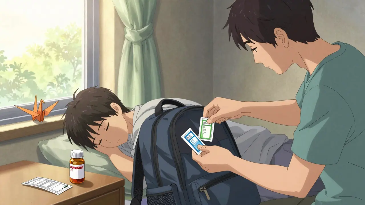 A parent packs naloxone kits into a backpack as a teen sleeps nearby, symbolizing everyday preparedness.