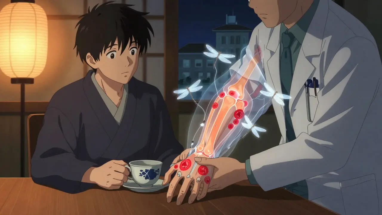 A patient and doctor holding hands, with translucent biologic antibodies as dragonflies targeting joint inflammation.