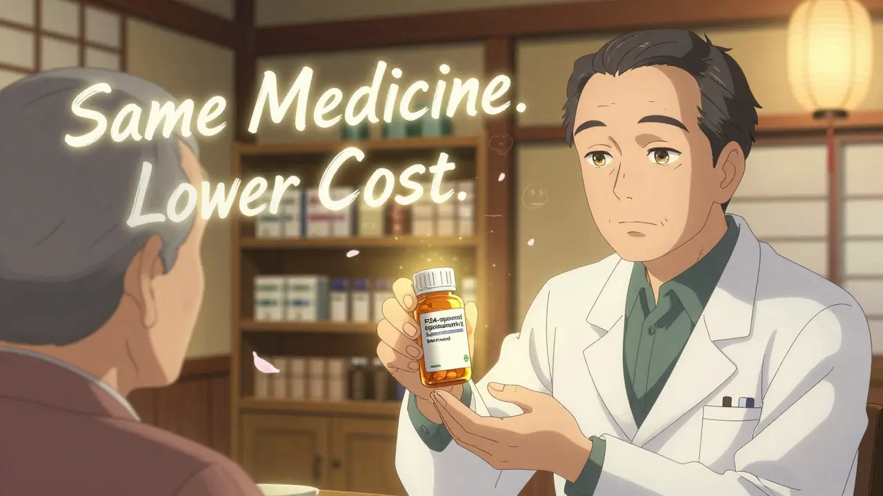 A pharmacist hands a generic pill bottle to an elderly patient, with golden light radiating from the label saying 'FDA-approved equivalent', as negative symbols dissolve into petals.