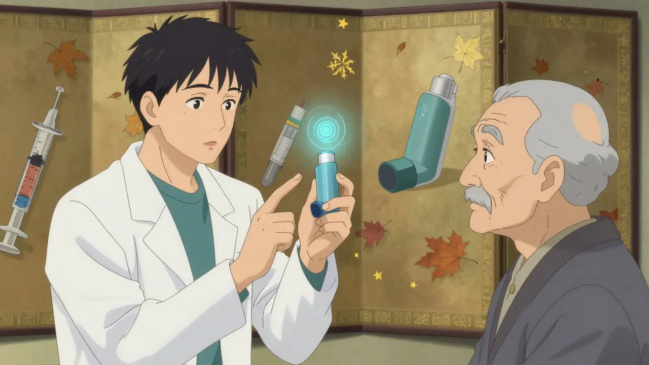 A pharmacist shows an elderly patient a smart inhaler with a floating digital reminder, surrounded by traditional screens.