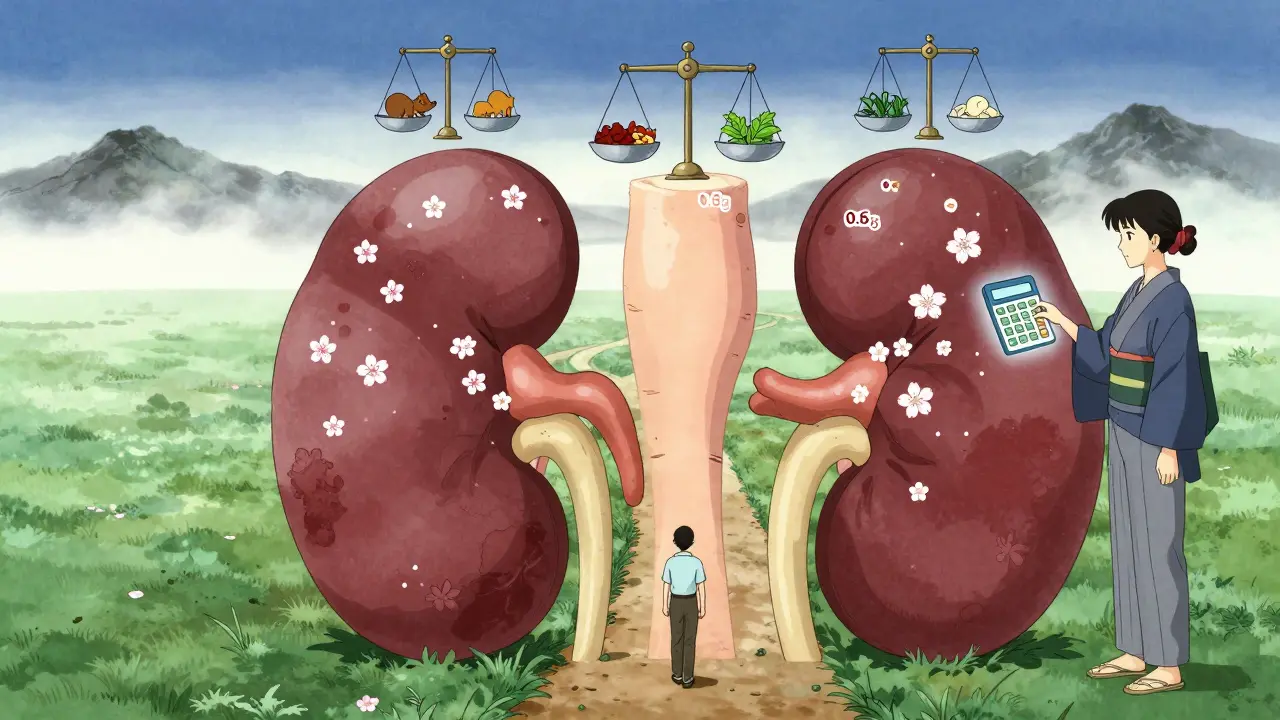A symbolic path through a kidney-shaped landscape with protein targets marked at each stage of CKD.