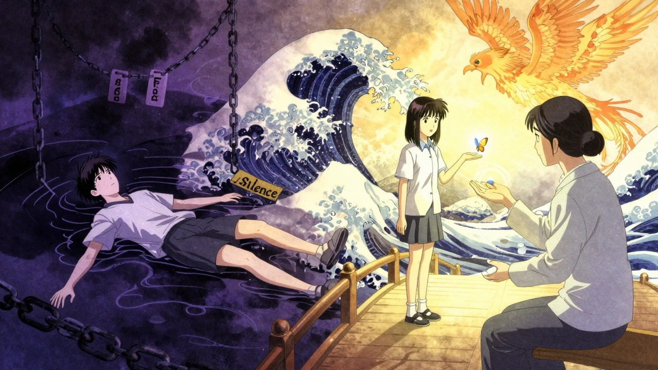 A teen torn between darkness and light, chains of fear vs. a butterfly transforming from a pill on a sunlit bridge.