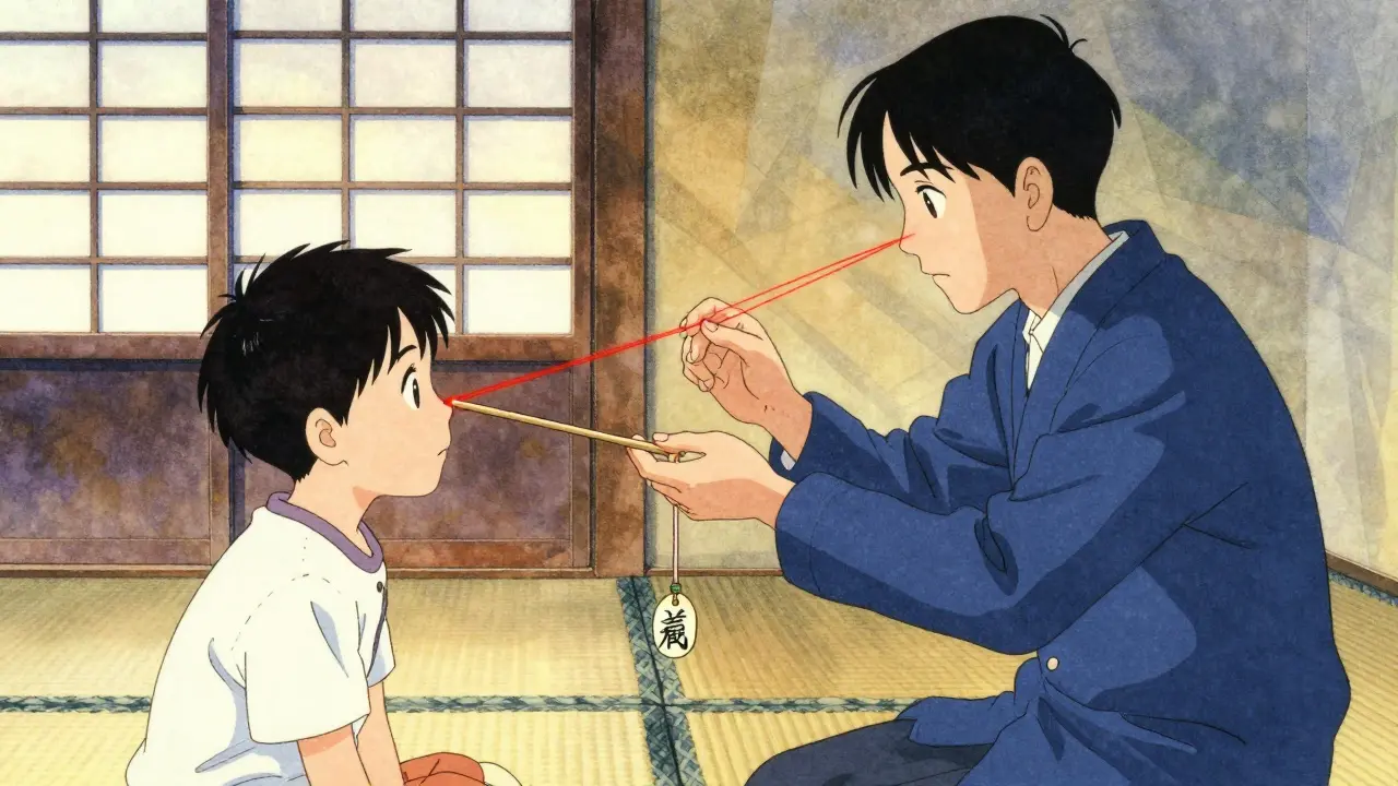 A therapist guides a child through a pencil push-up exercise with glowing convergence lines connecting their eyes.